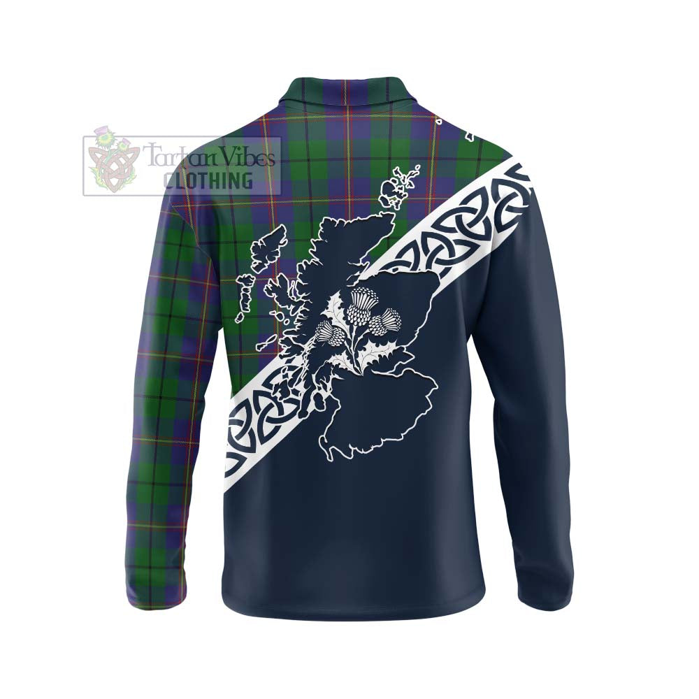 Tartan Vibes Clothing Carmichael Tartan Long Sleeve Polo Shirt Featuring Thistle and Scotland Map