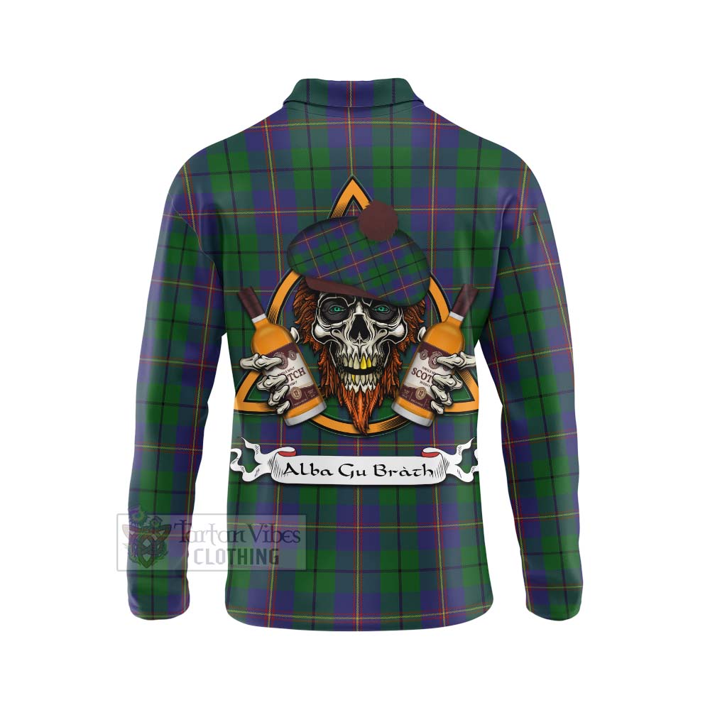 Tartan Vibes Clothing Carmichael Tartan Long Sleeve Polo Shirt with Family Crest and Bearded Skull Holding Bottles of Whiskey