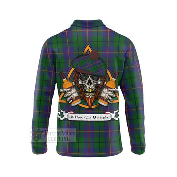 Carmichael Tartan Long Sleeve Polo Shirt with Family Crest and Bearded Skull Holding Bottles of Whiskey