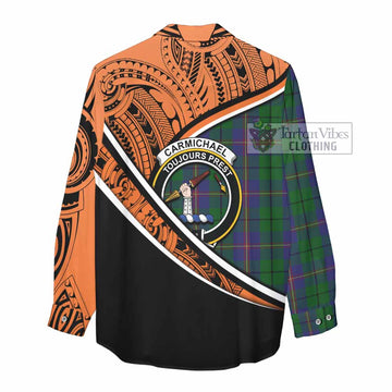 Carmichael Crest Tartan Women's Casual Shirt with Polynesian Vibes Style - Orange Version