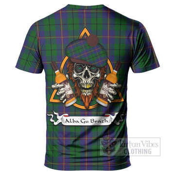 Carmichael Tartan T-Shirt with Family Crest and Bearded Skull Holding Bottles of Whiskey