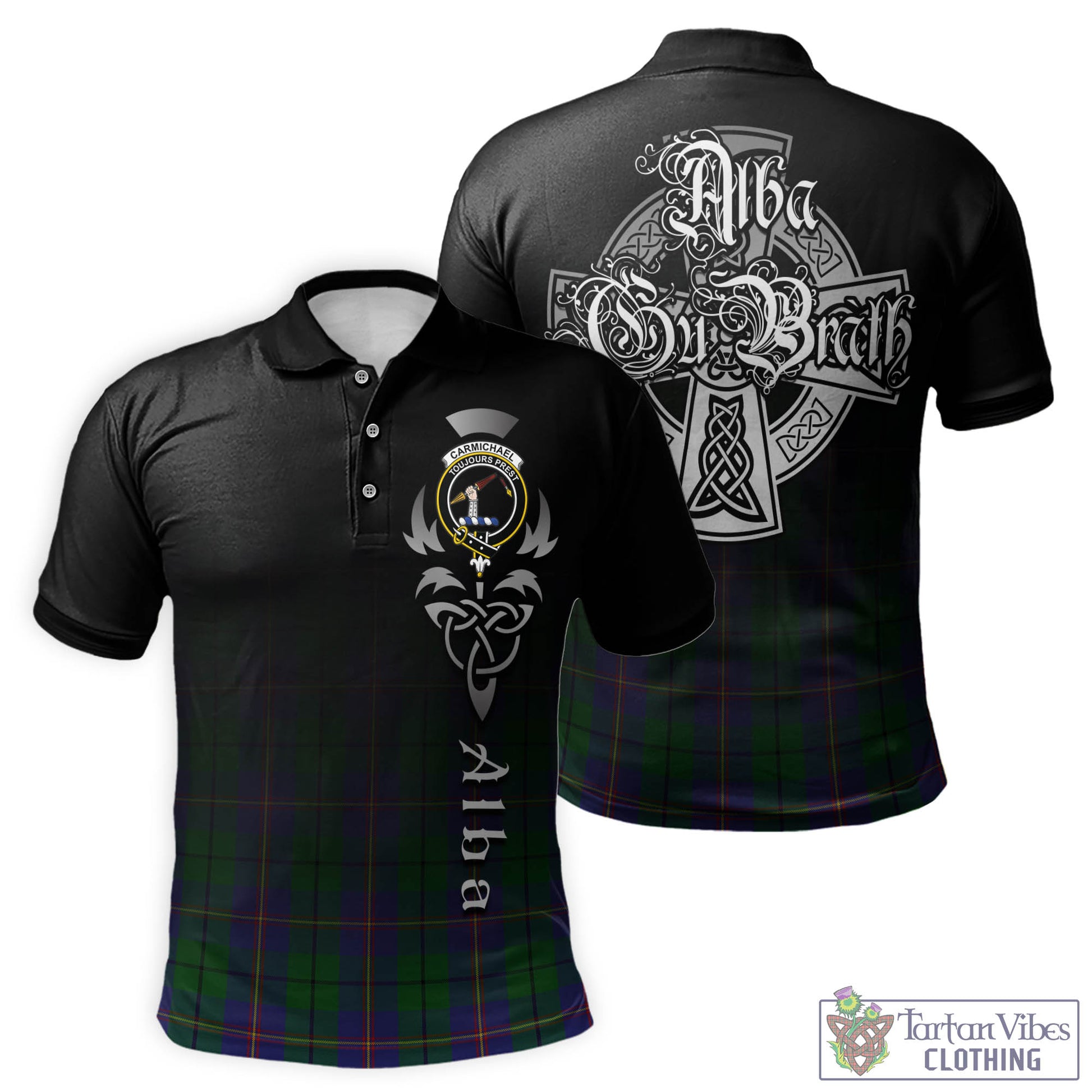 Tartan Vibes Clothing Carmichael Tartan Polo Shirt Featuring Alba Gu Brath Family Crest Celtic Inspired