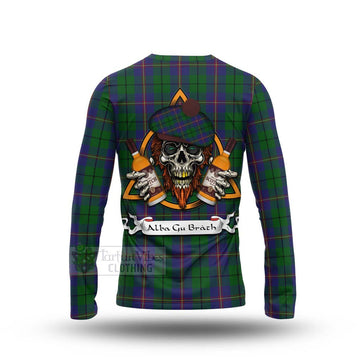 Carmichael Tartan Long Sleeve T-Shirt with Family Crest and Bearded Skull Holding Bottles of Whiskey