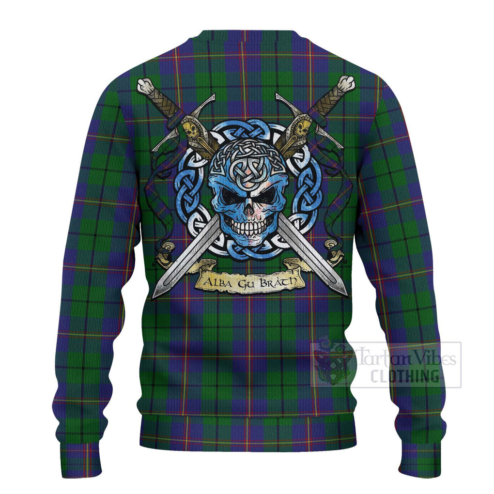 Tartan Vibes Clothing Carmichael Tartan Knitted Sweater with Family Crest Celtic Skull Style