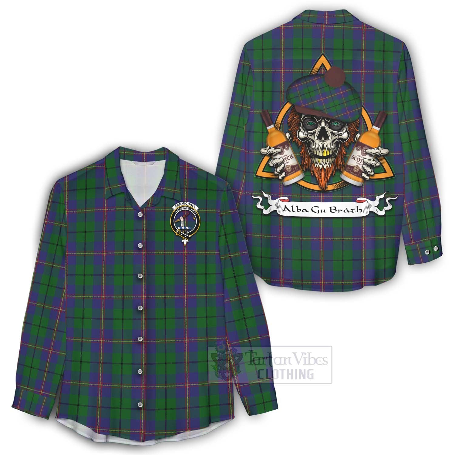 Tartan Vibes Clothing Carmichael Tartan Women's Casual Shirt with Family Crest and Bearded Skull Holding Bottles of Whiskey