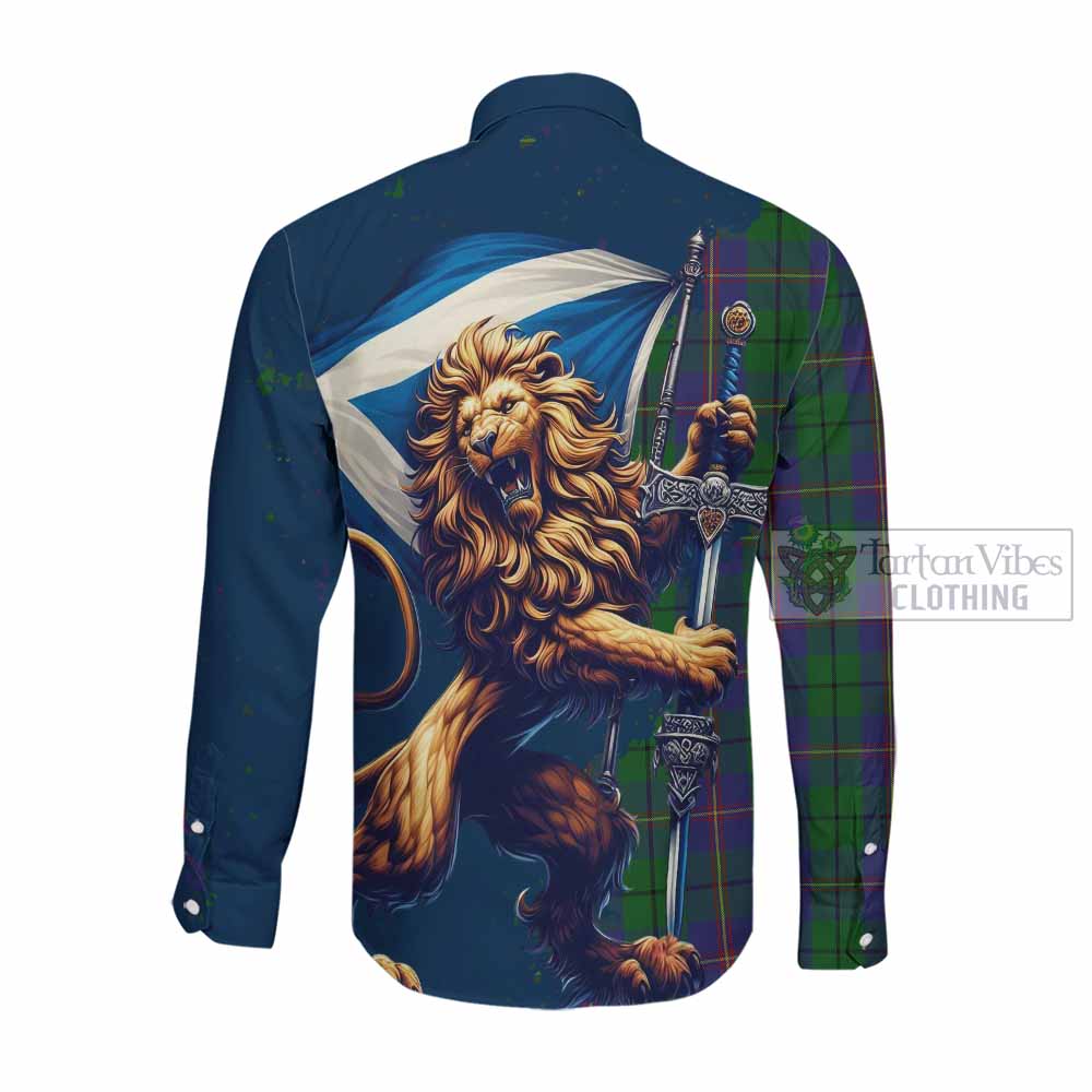 Tartan Vibes Clothing Carmichael Tartan Family Crest Long Sleeve Button Shirt with Scottish Majestic Lion