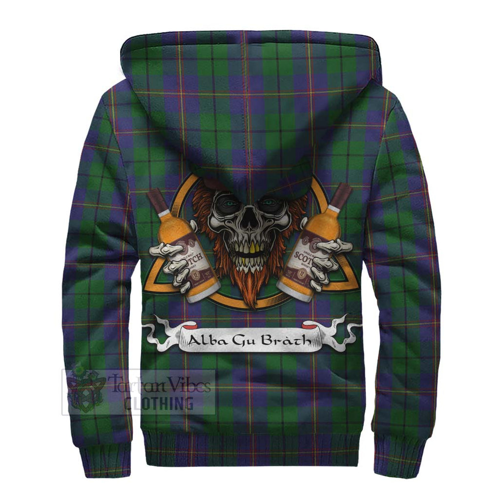 Tartan Vibes Clothing Carmichael Tartan Sherpa Hoodie with Family Crest and Bearded Skull Holding Bottles of Whiskey