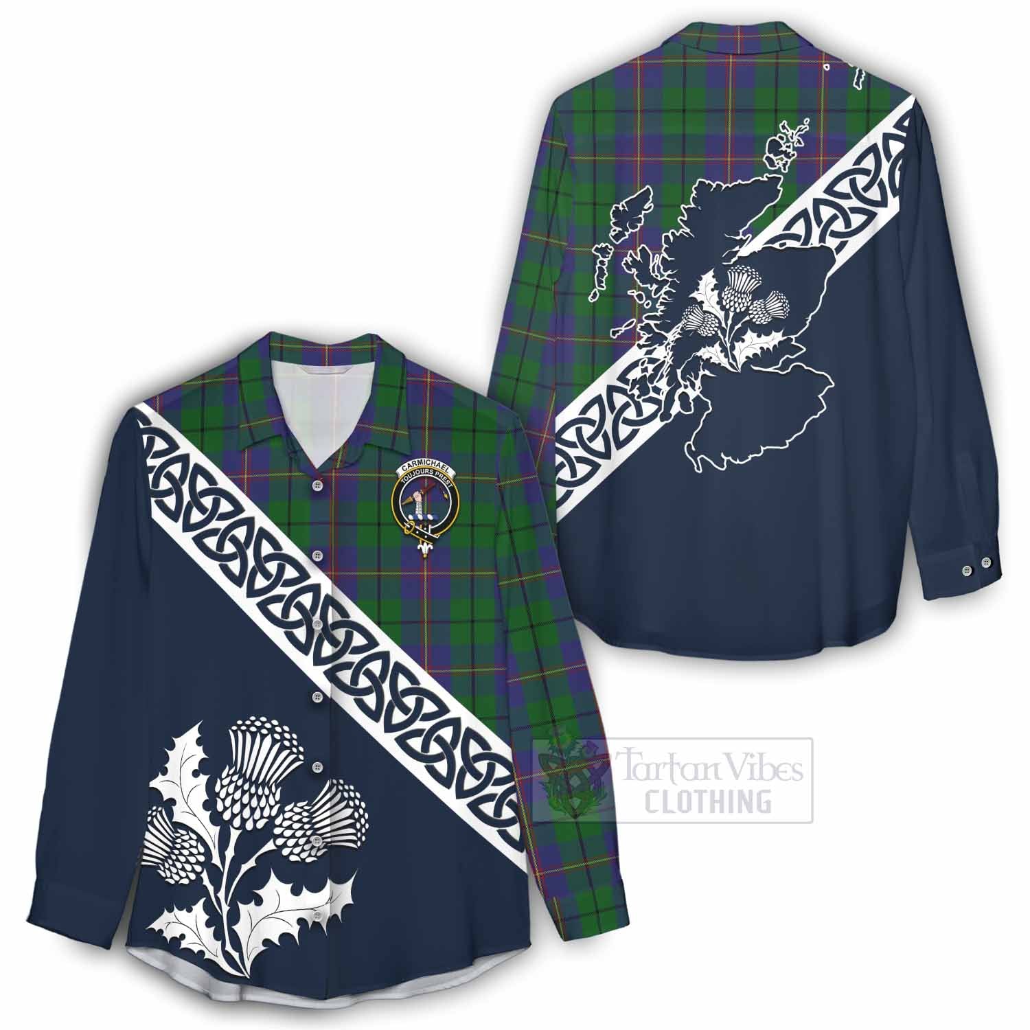 Tartan Vibes Clothing Carmichael Tartan Women's Casual Shirt Featuring Thistle and Scotland Map