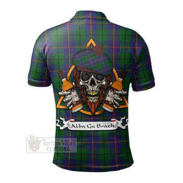 Carmichael Tartan Polo Shirt with Family Crest and Bearded Skull Holding Bottles of Whiskey