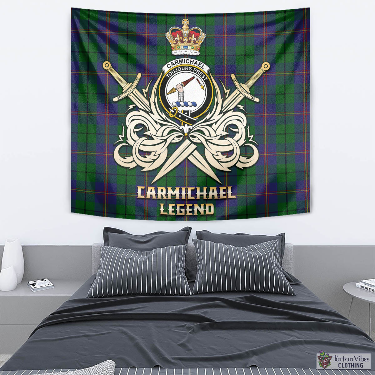 Tartan Vibes Clothing Carmichael Tartan Tapestry with Clan Crest and the Golden Sword of Courageous Legacy