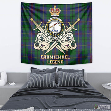 Carmichael Tartan Tapestry with Clan Crest and the Golden Sword of Courageous Legacy