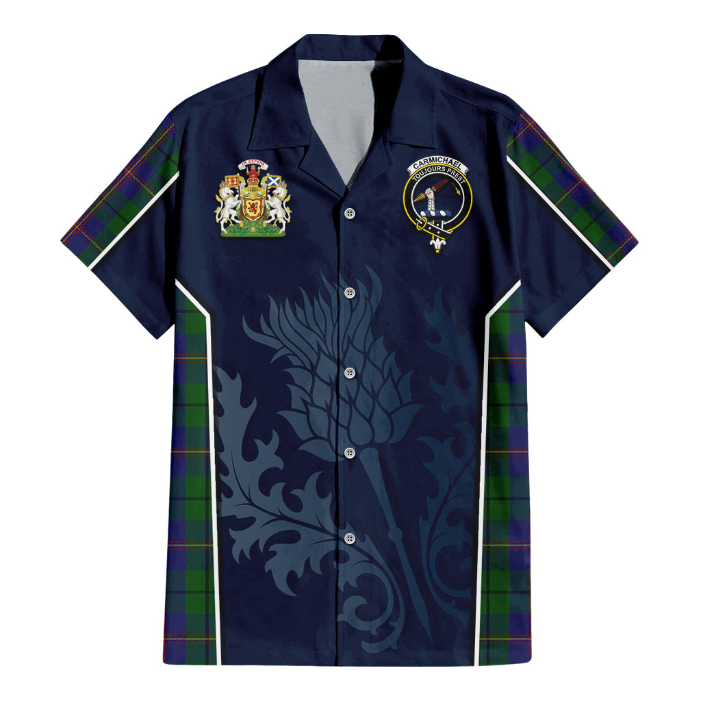 Tartan Vibes Clothing Carmichael Tartan Short Sleeve Button Up Shirt with Family Crest and Scottish Thistle Vibes Sport Style