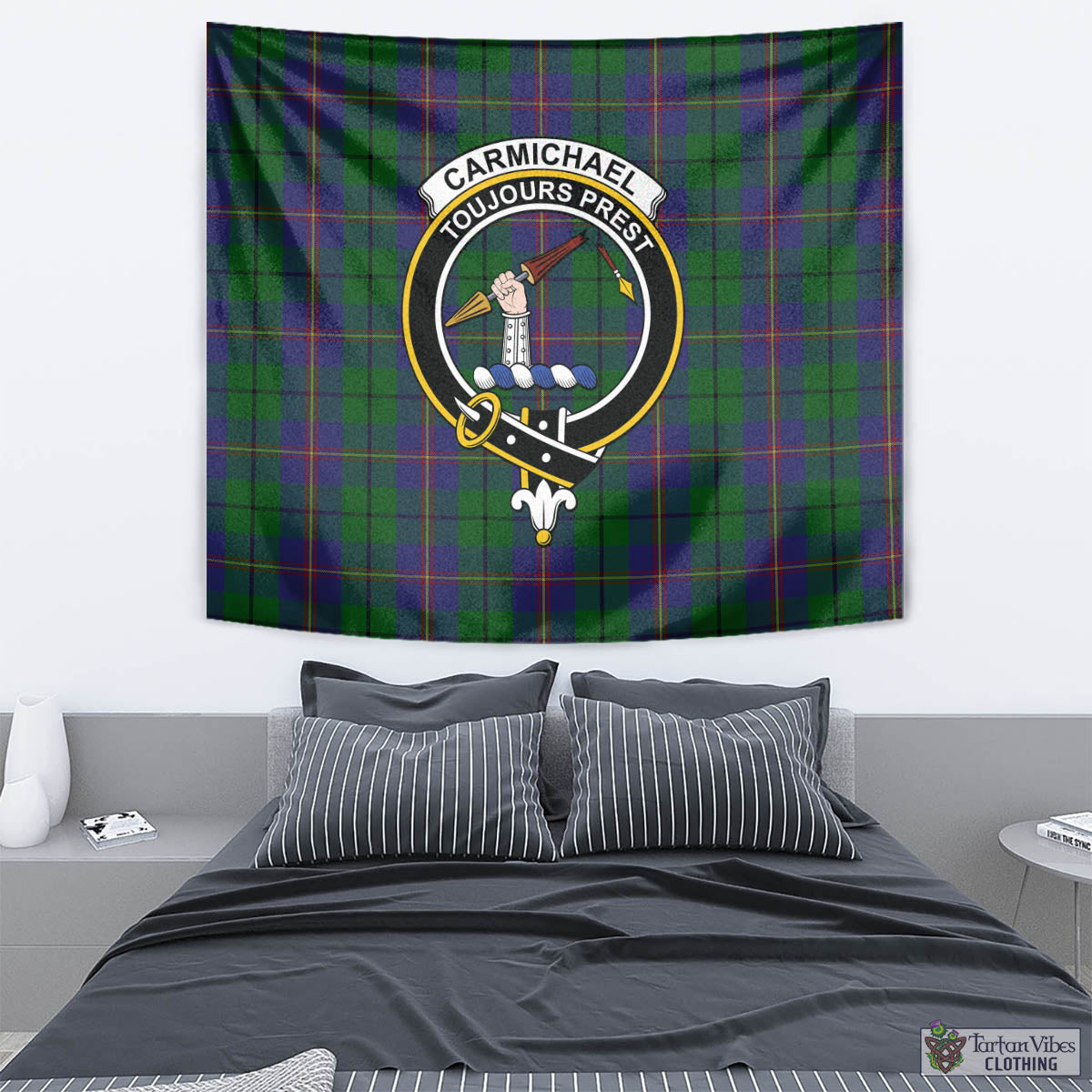 Tartan Vibes Clothing Carmichael Tartan Tapestry Wall Hanging and Home Decor for Room with Family Crest