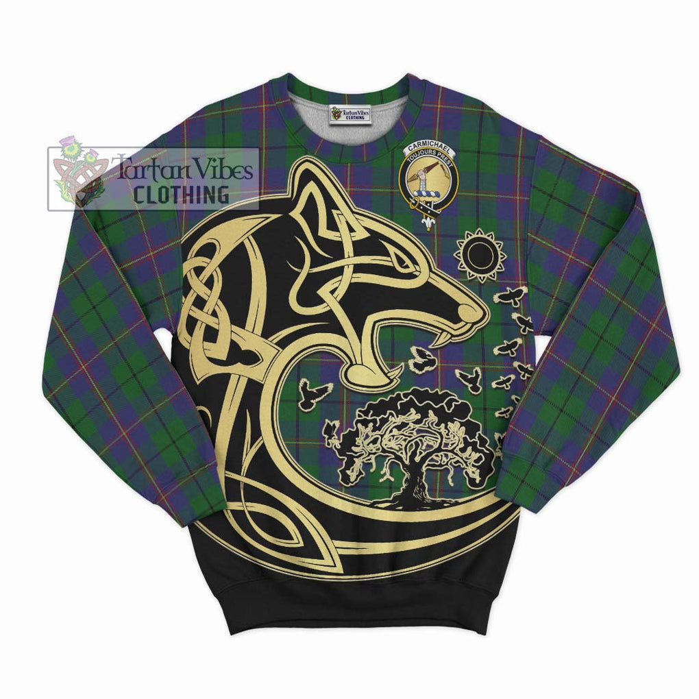 Carmichael Tartan Sweatshirt with Family Crest Celtic Wolf Style - Tartan Vibes Clothing