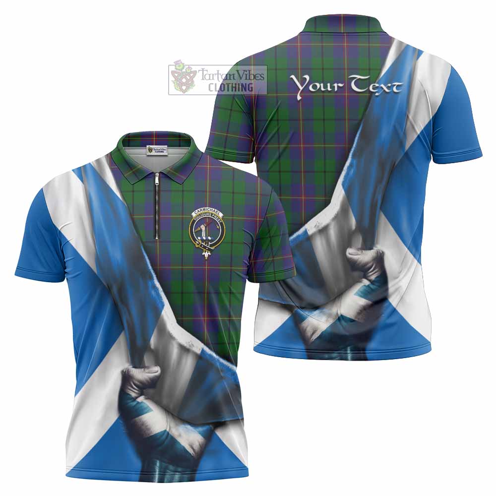 Tartan Vibes Clothing Carmichael Tartan Zipper Polo Shirt with Family Crest Scotland Patriotic Style