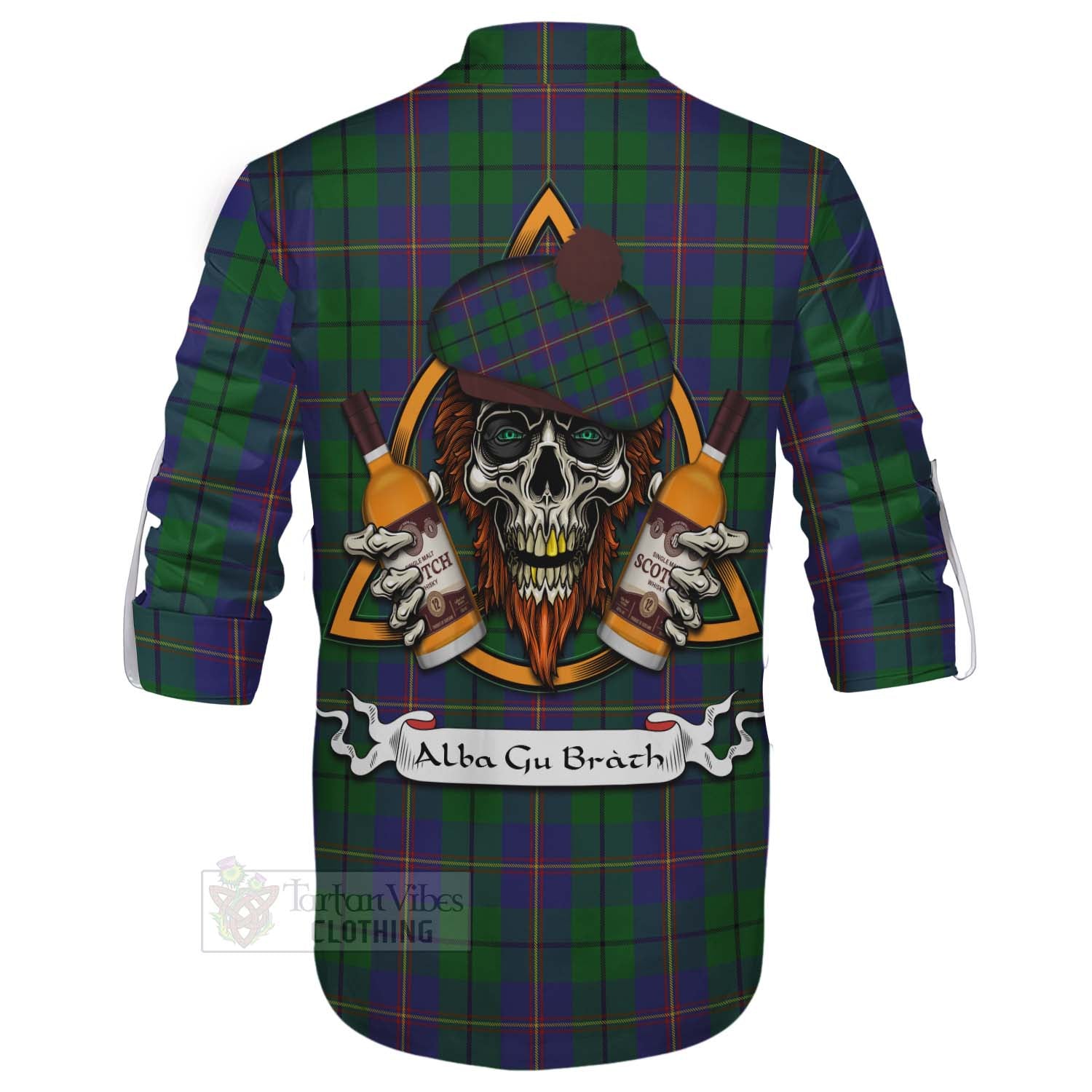 Tartan Vibes Clothing Carmichael Tartan Ghillie Kilt Shirt with Family Crest and Bearded Skull Holding Bottles of Whiskey