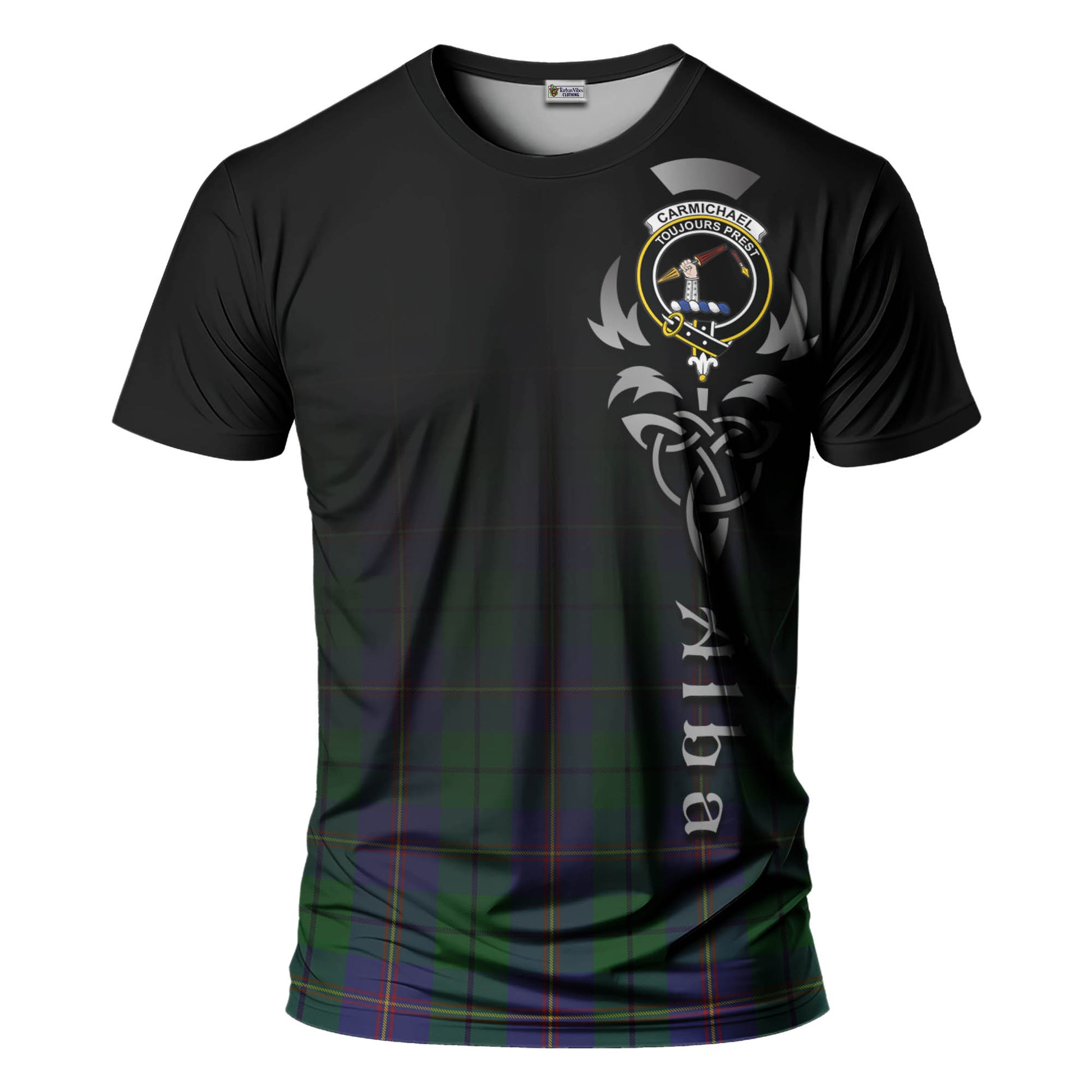 Tartan Vibes Clothing Carmichael Tartan T-Shirt Featuring Alba Gu Brath Family Crest Celtic Inspired