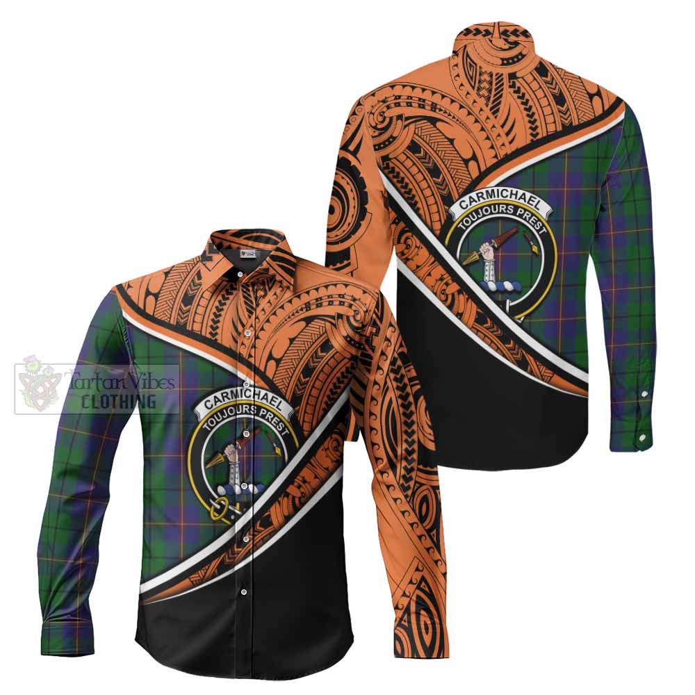 Tartan Vibes Clothing Carmichael Crest Tartan Long Sleeve Button Shirt with Maori Tattoo Style - Orange Version