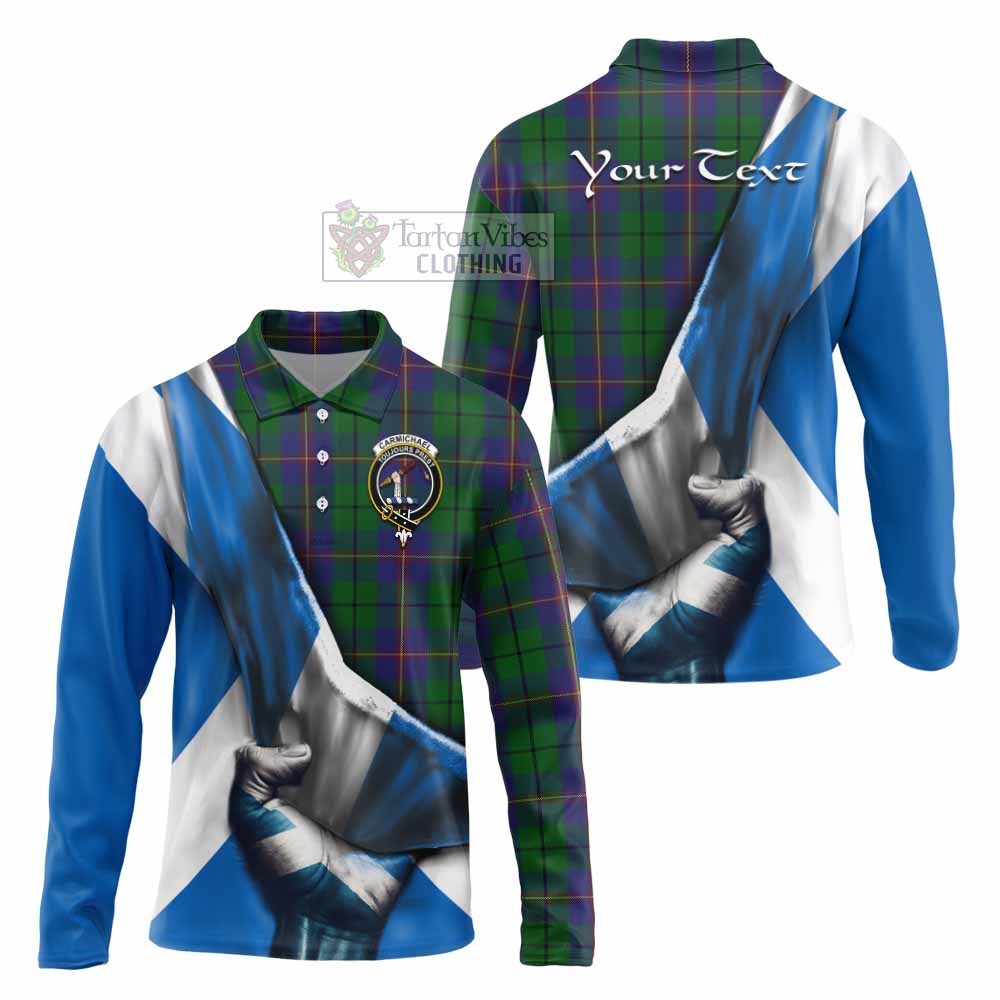 Tartan Vibes Clothing Carmichael Tartan Long Sleeve Polo Shirt with Family Crest Scotland Patriotic Style