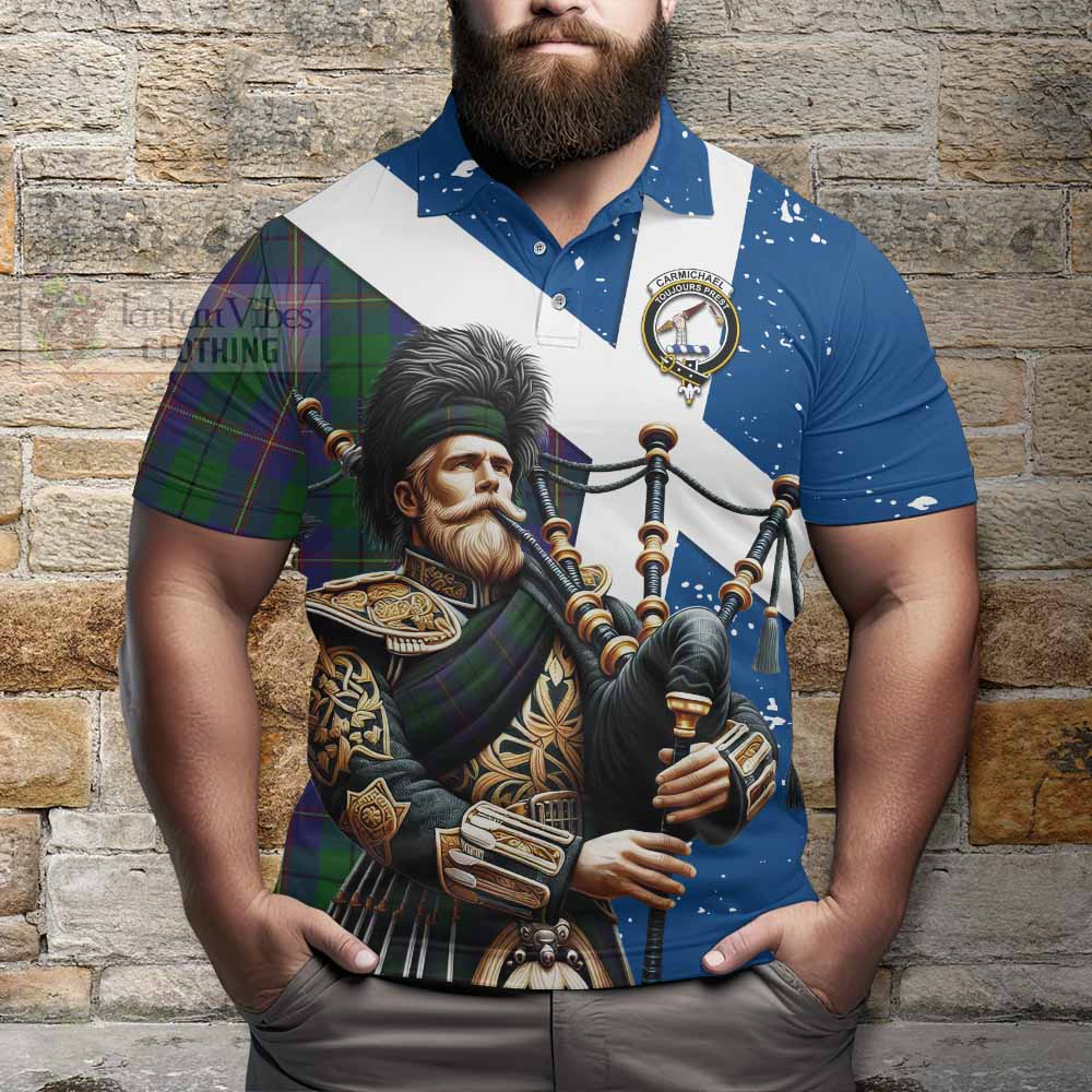 Tartan Vibes Clothing Carmichael Tartan Polo Shirt with Family Crest Scottish Bagpiper Vibes