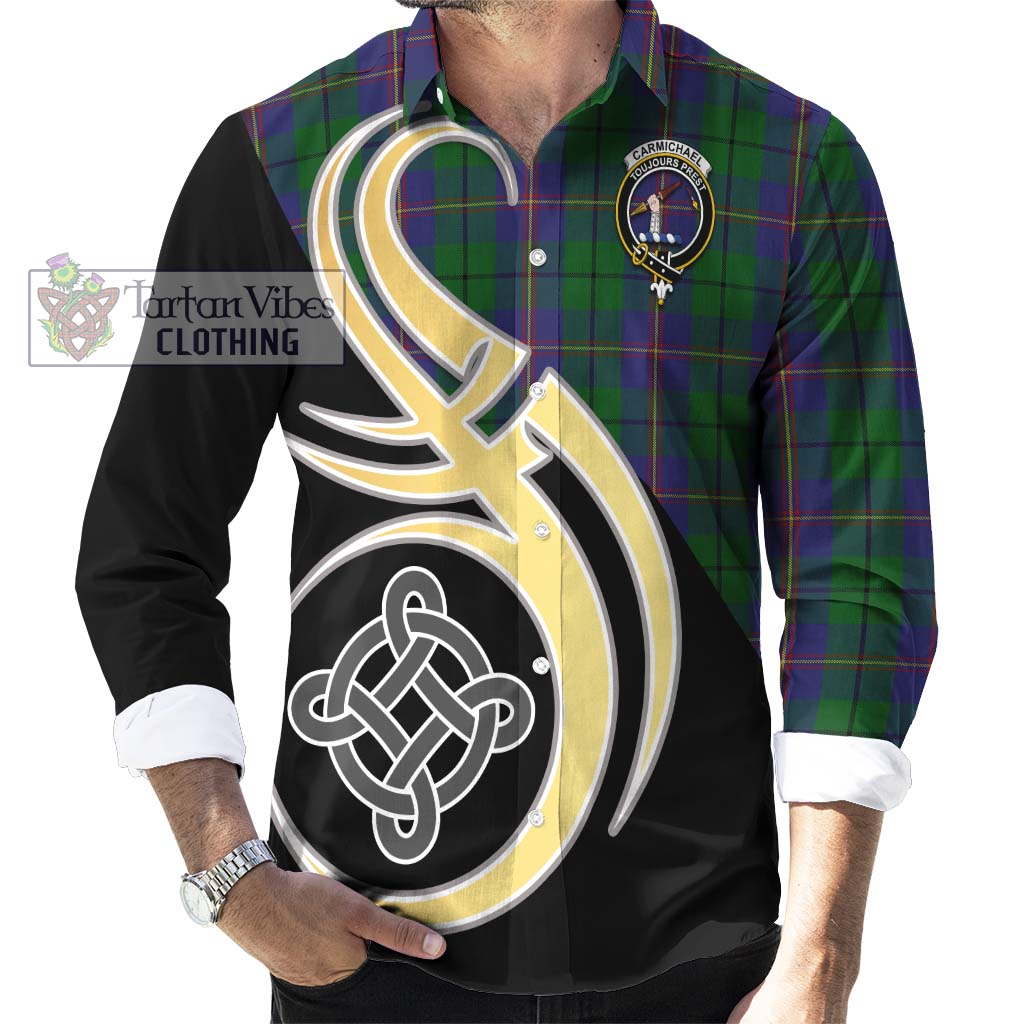 Carmichael Tartan Long Sleeve Button Shirt with Family Crest and Celtic Symbol Style - Tartan Vibes Clothing