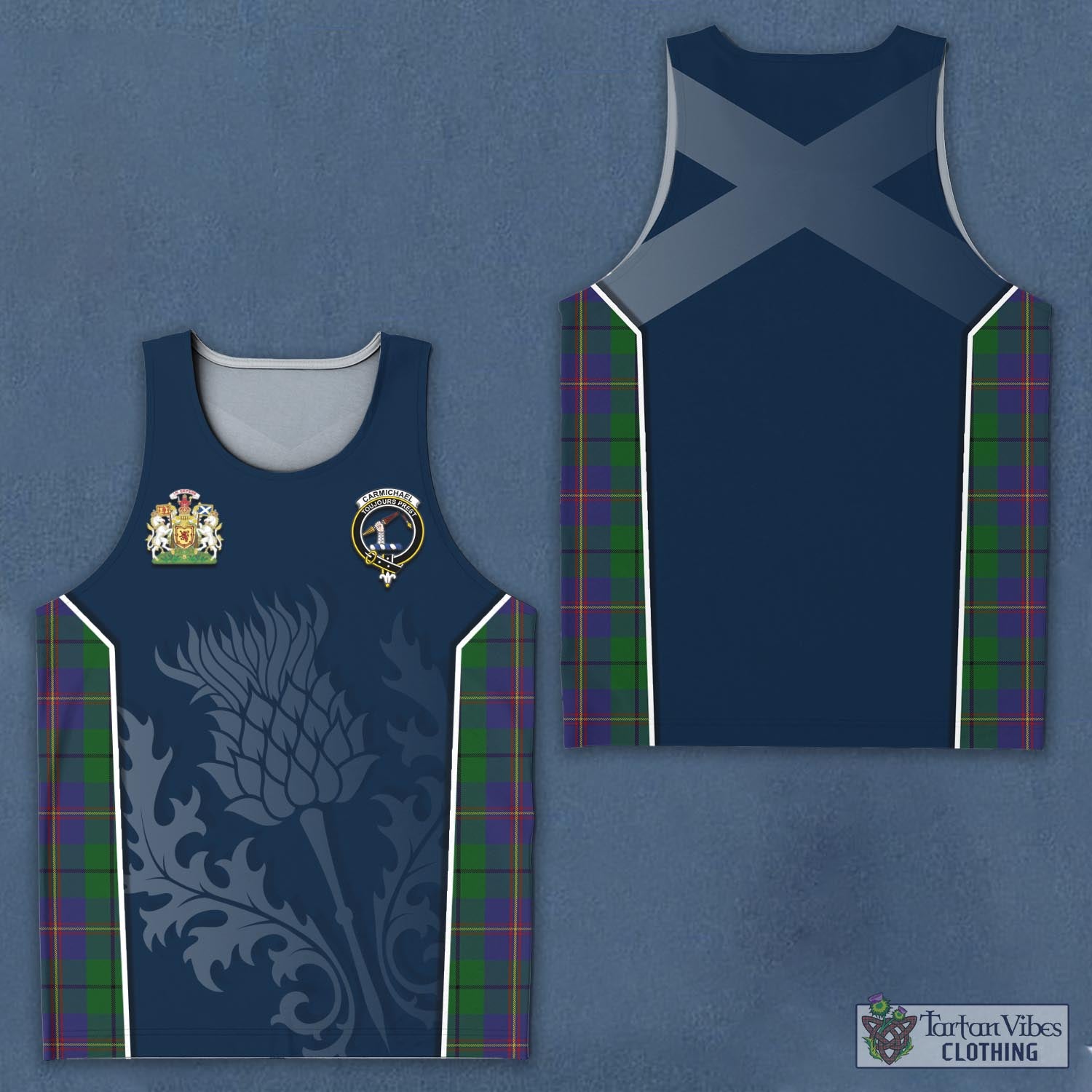 Tartan Vibes Clothing Carmichael Tartan Men's Tanks Top with Family Crest and Scottish Thistle Vibes Sport Style