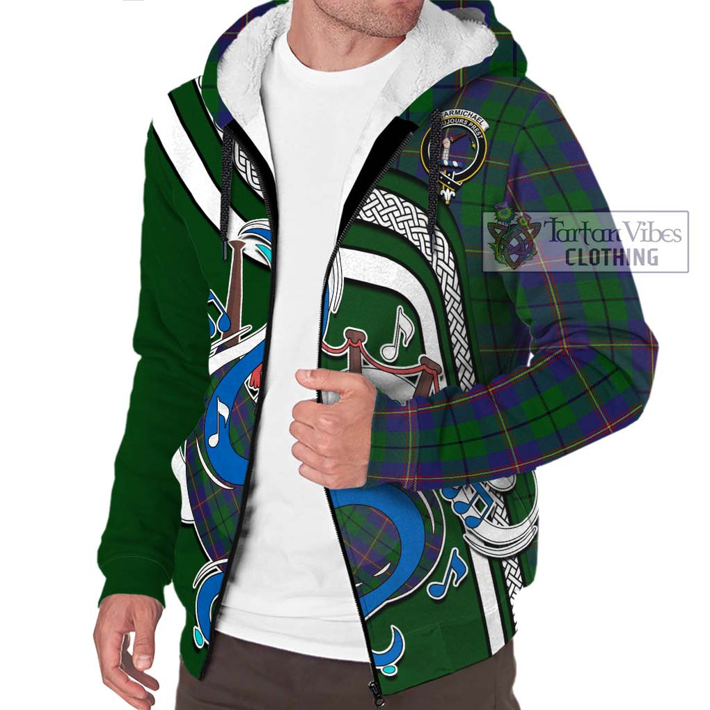 Carmichael Tartan Sherpa Hoodie with Epic Bagpipe Style Unisex - Tartanvibesclothing Shop