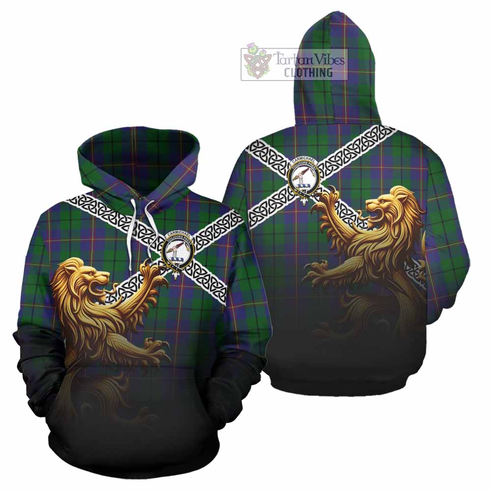 Carmichael Crest Tartan Hoodie with Golden Lion Emblem Celtic Style - Tartan Vibes Clothing