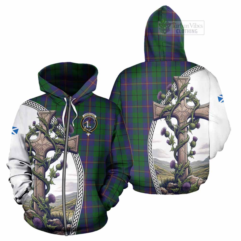 Tartan Vibes Clothing Carmichael Tartan Hoodie with Family Crest and St. Andrew's Cross Accented by Thistle Vines