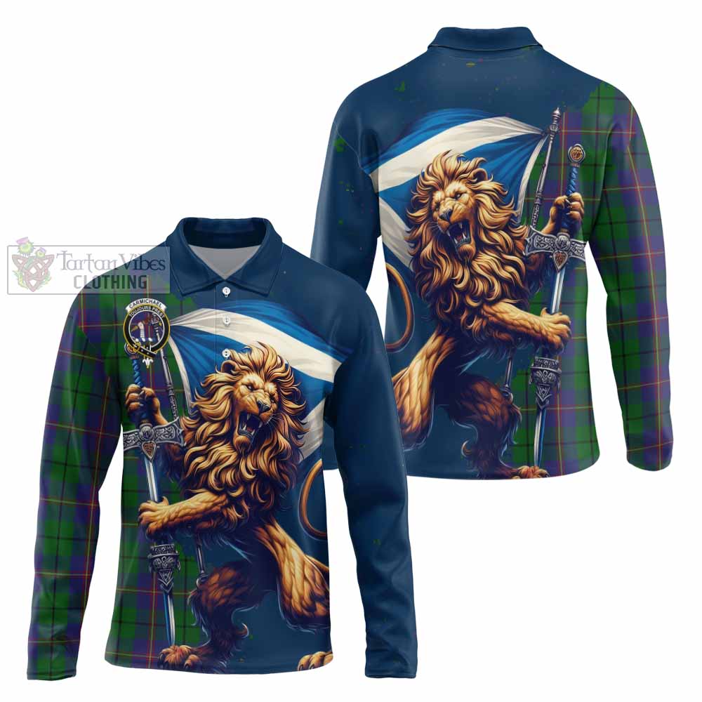 Tartan Vibes Clothing Carmichael Tartan Family Crest Long Sleeve Polo Shirt with Scottish Majestic Lion