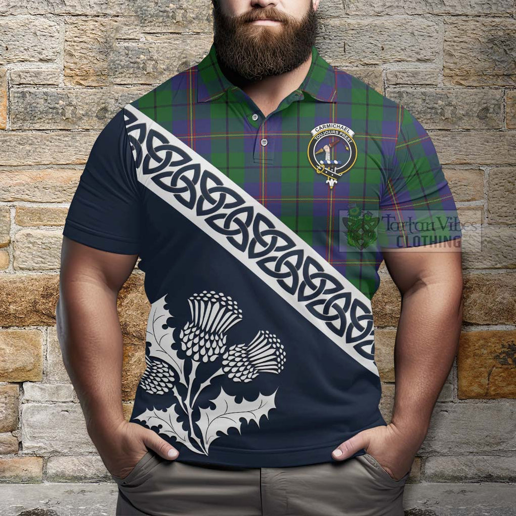 Carmichael Tartan Polo Shirt Featuring Thistle and Scotland Map