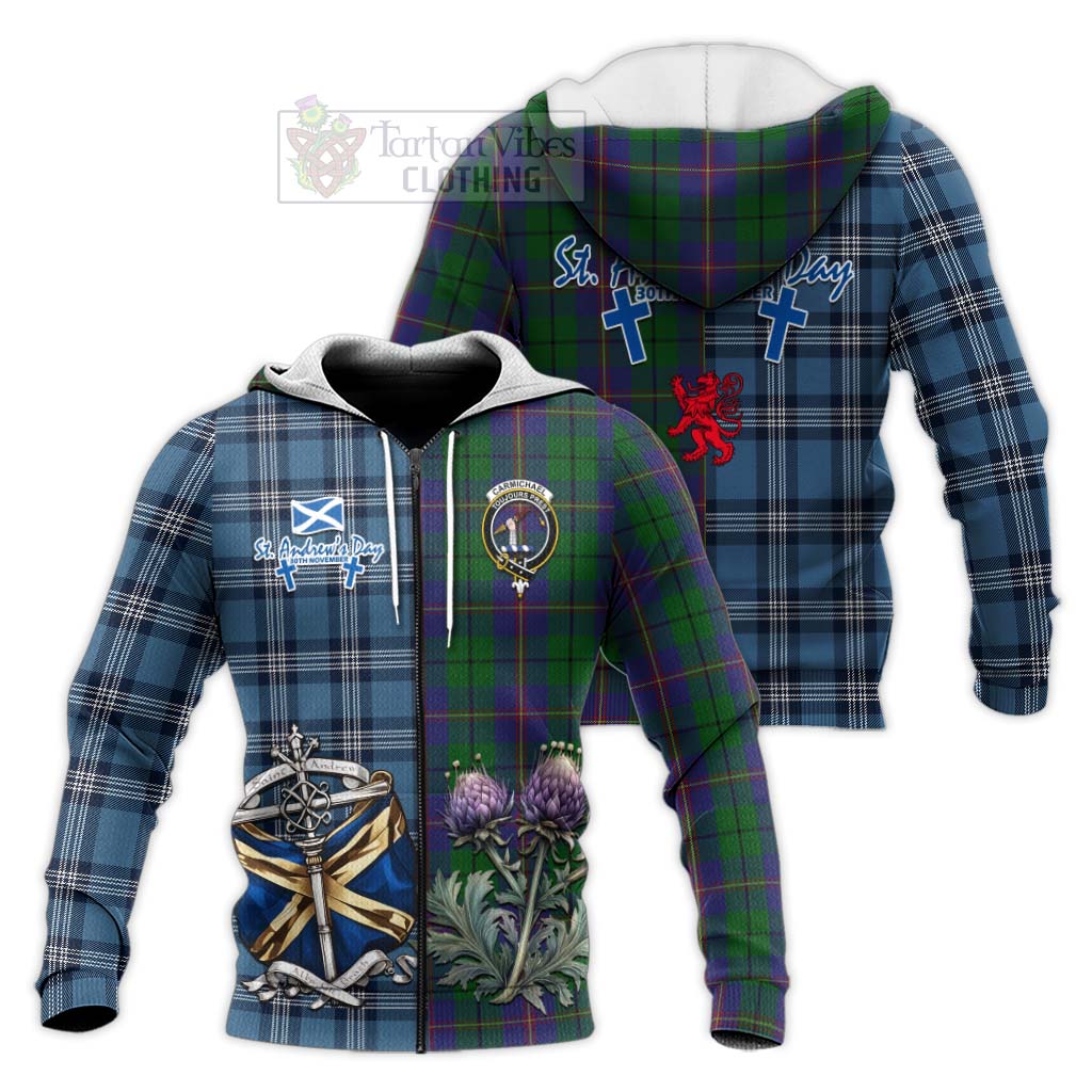 Carmichael Tartan Knitted Hoodie Happy St. Andrew's Day Half Tartan Style Unisex Knitted Zip Hoodie - Tartan Vibes Clothing