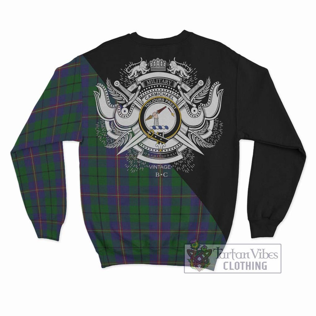 Carmichael Tartan Sweatshirt with Family Crest and Military Logo Style - Tartanvibesclothing Shop