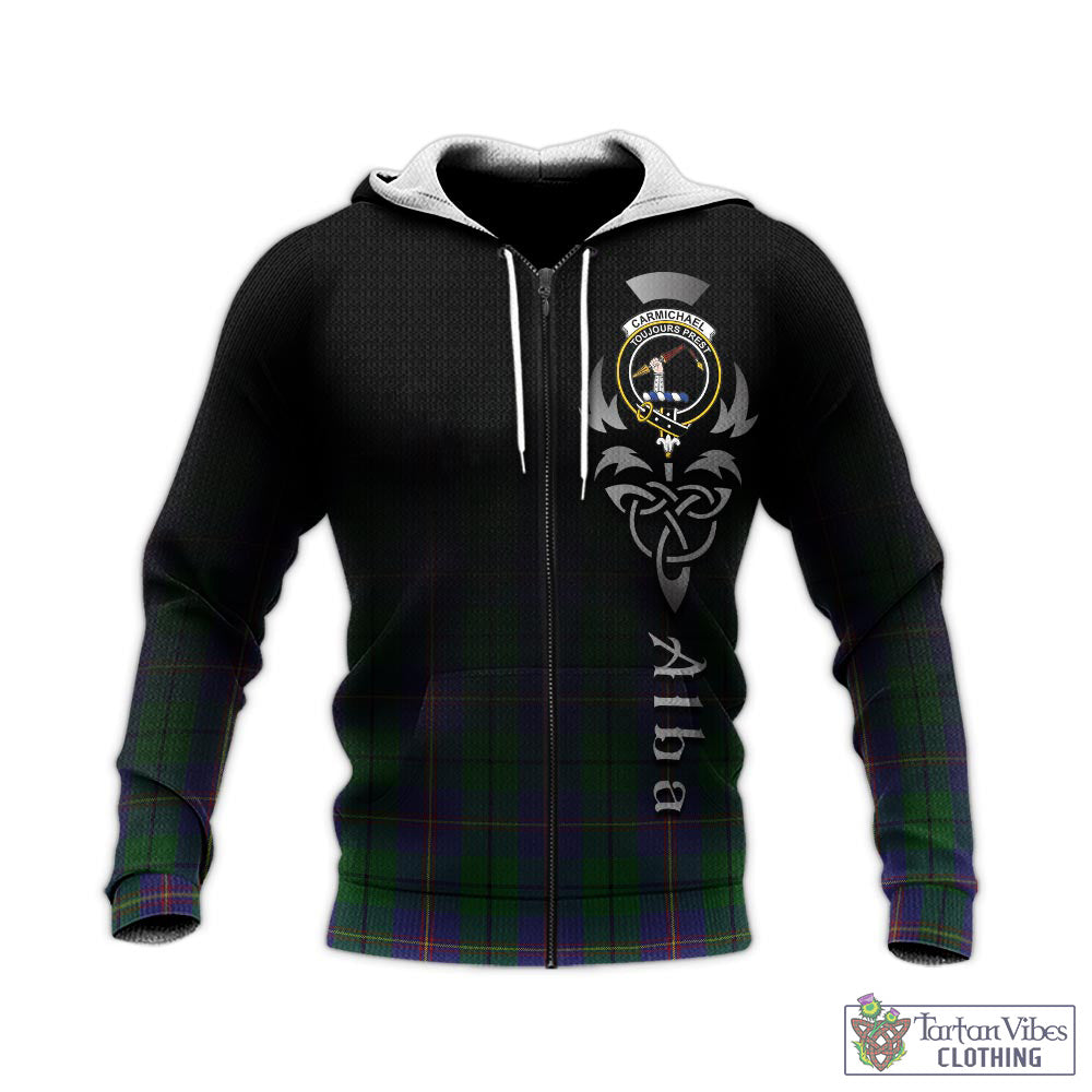 Tartan Vibes Clothing Carmichael Tartan Knitted Hoodie Featuring Alba Gu Brath Family Crest Celtic Inspired