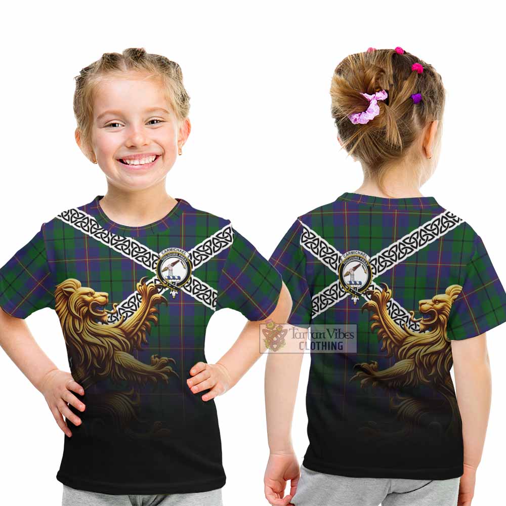 Carmichael Crest Tartan Kid T-Shirt with Golden Lion Emblem Celtic Style - Tartan Vibes Clothing