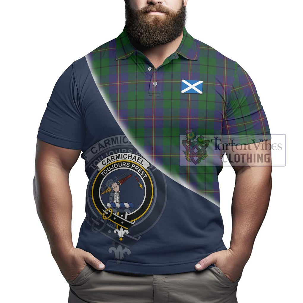 Carmichael Tartan Polo Shirt with Personalised National Flag and Family Crest Half Style - Tartanvibesclothing Shop