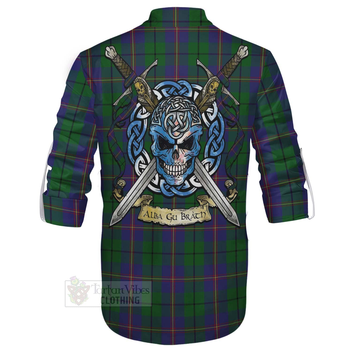 Tartan Vibes Clothing Carmichael Tartan Ghillie Kilt Shirt with Family Crest Celtic Skull Style