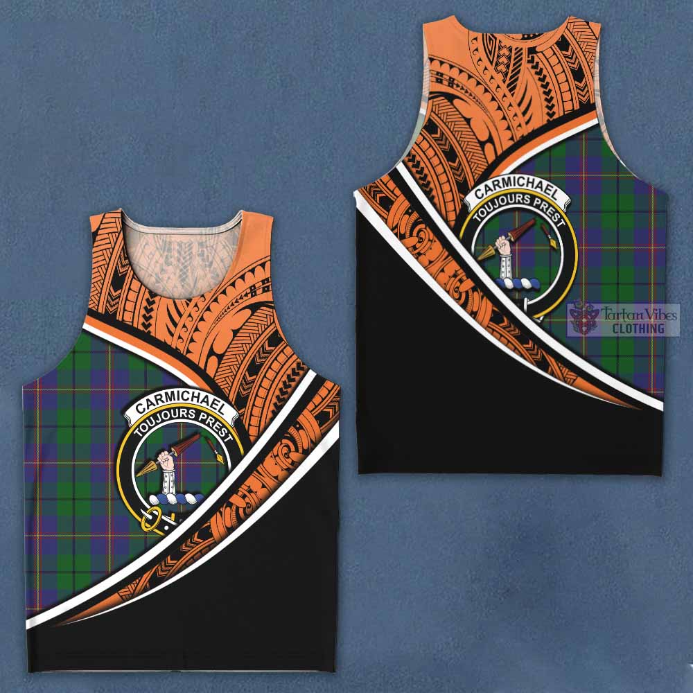 Tartan Vibes Clothing Carmichael Crest Tartan Men's Tank Top with Maori Tattoo Style - Orange Version