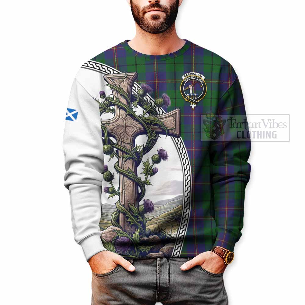 Tartan Vibes Clothing Carmichael Tartan Sweatshirt with Family Crest and St. Andrew's Cross Accented by Thistle Vines