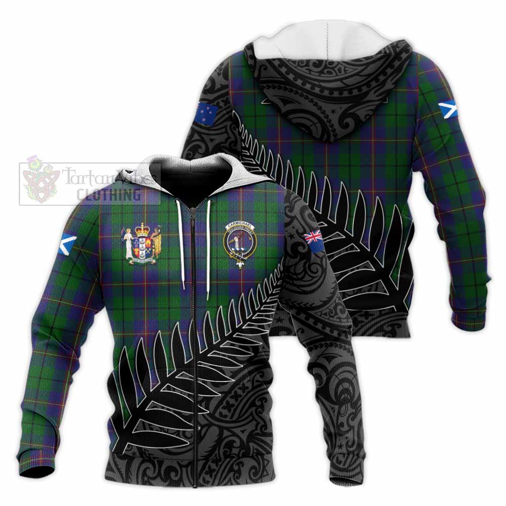 Tartan Vibes Clothing Carmichael Crest Tartan Knitted Hoodie with New Zealand Silver Fern Half Style