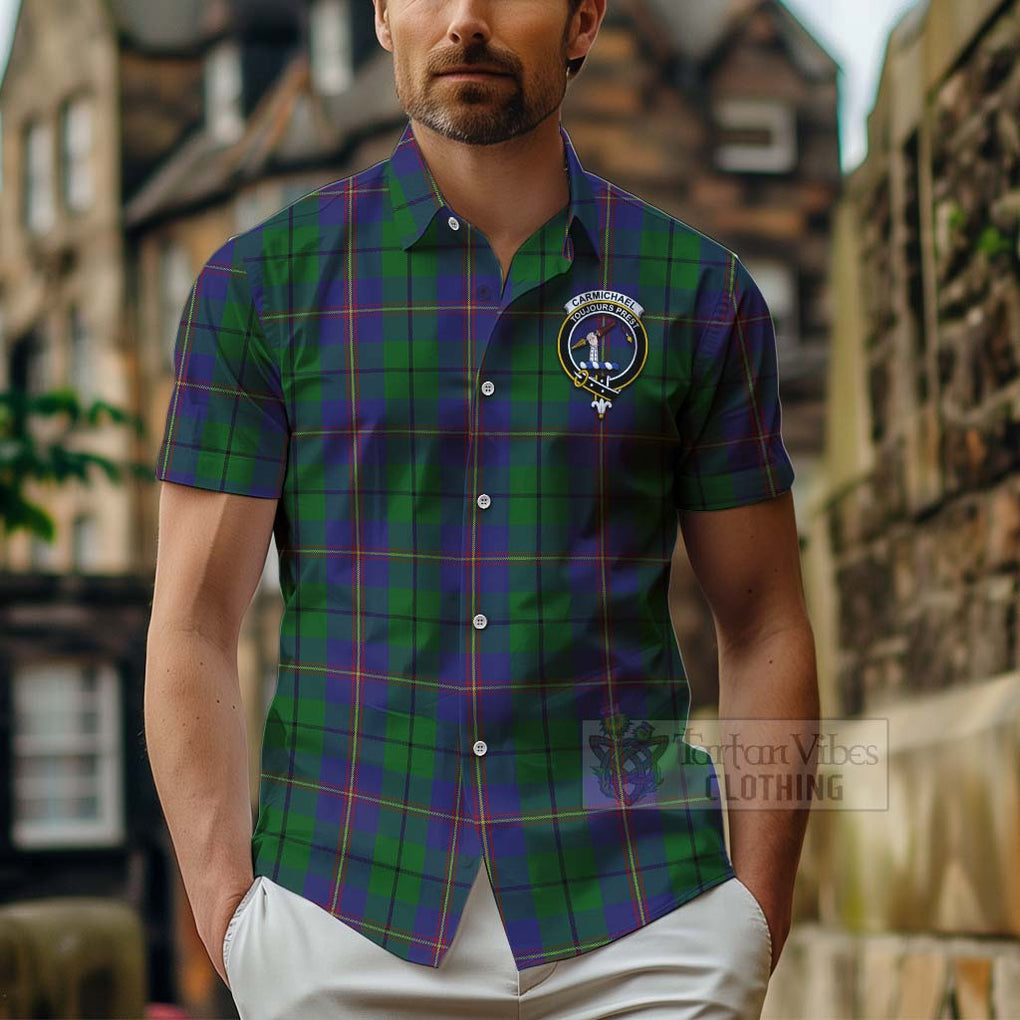 Tartan Vibes Clothing Carmichael Tartan Short Sleeve Button Shirt with Family Crest Celtic Skull Style