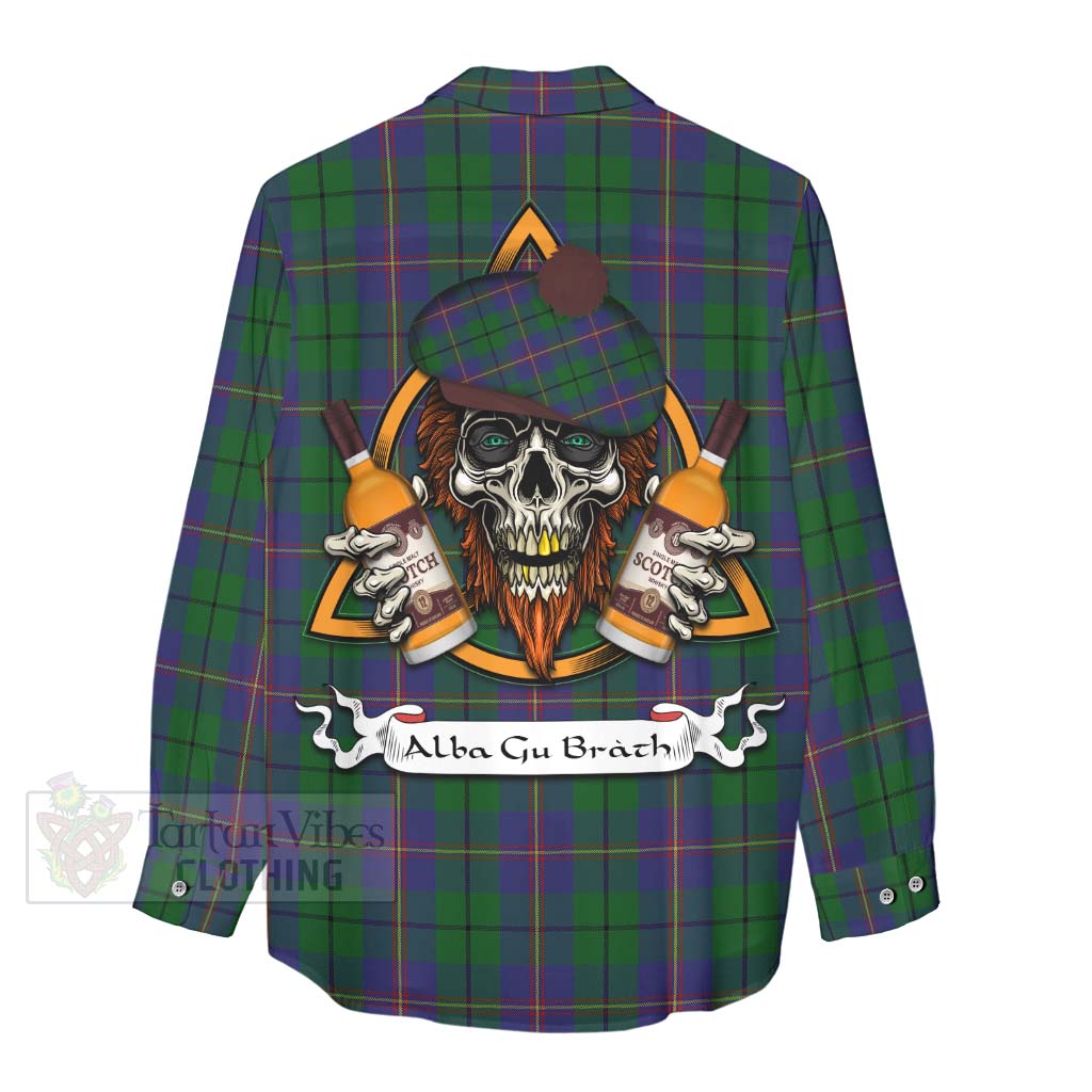 Tartan Vibes Clothing Carmichael Tartan Women's Casual Shirt with Family Crest and Bearded Skull Holding Bottles of Whiskey