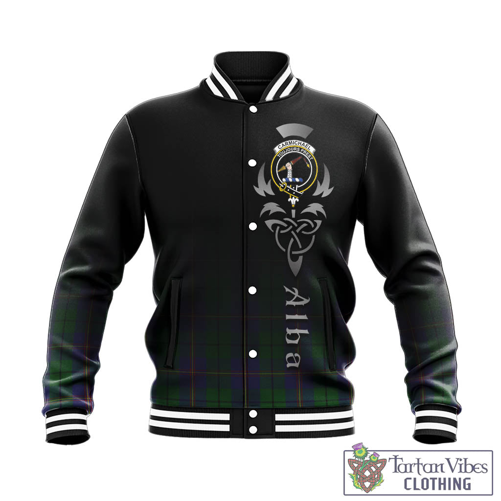 Tartan Vibes Clothing Carmichael Tartan Baseball Jacket Featuring Alba Gu Brath Family Crest Celtic Inspired