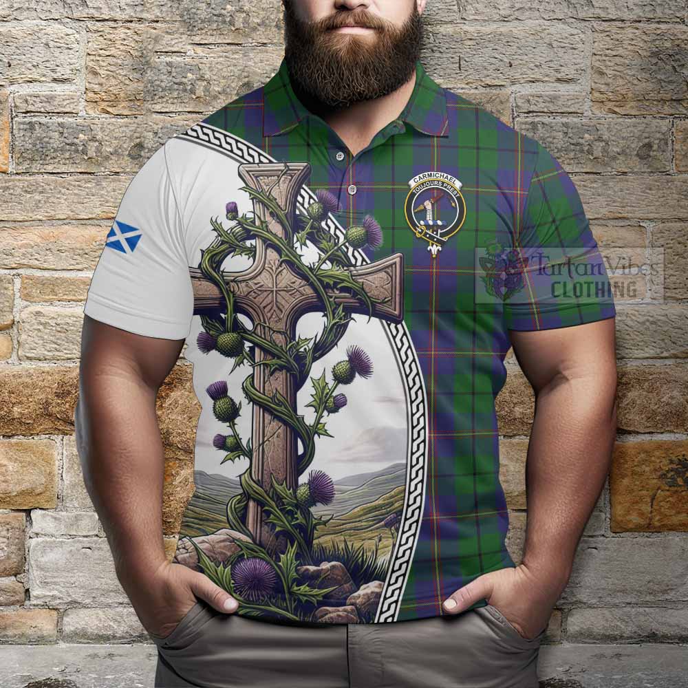 Tartan Vibes Clothing Carmichael Tartan Polo Shirt with Family Crest and St. Andrew's Cross Accented by Thistle Vines