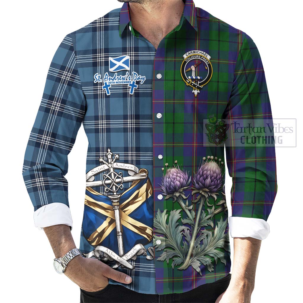 Tartan Vibes Clothing Carmichael Tartan Long Sleeve Button Shirt Happy St. Andrew's Day Half Tartan Style