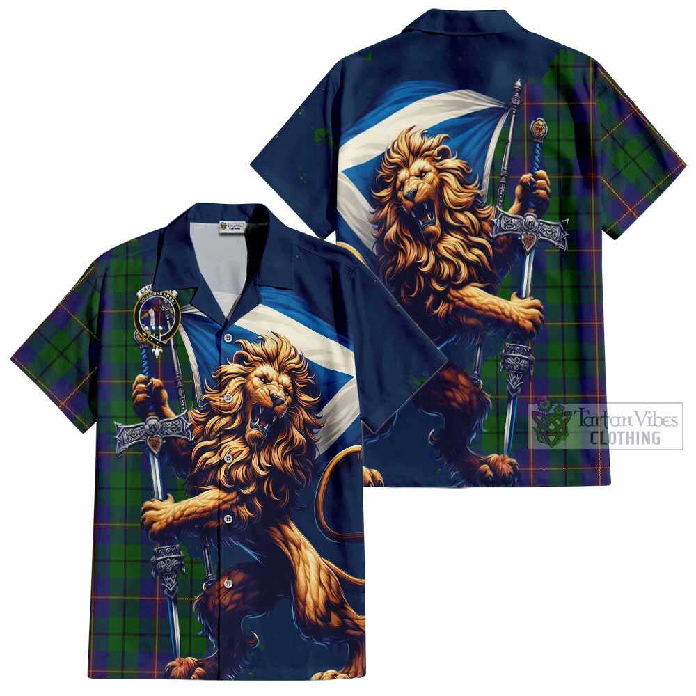 Tartan Vibes Clothing Carmichael Tartan Family Crest Short Sleeve Button Shirt with Scottish Majestic Lion