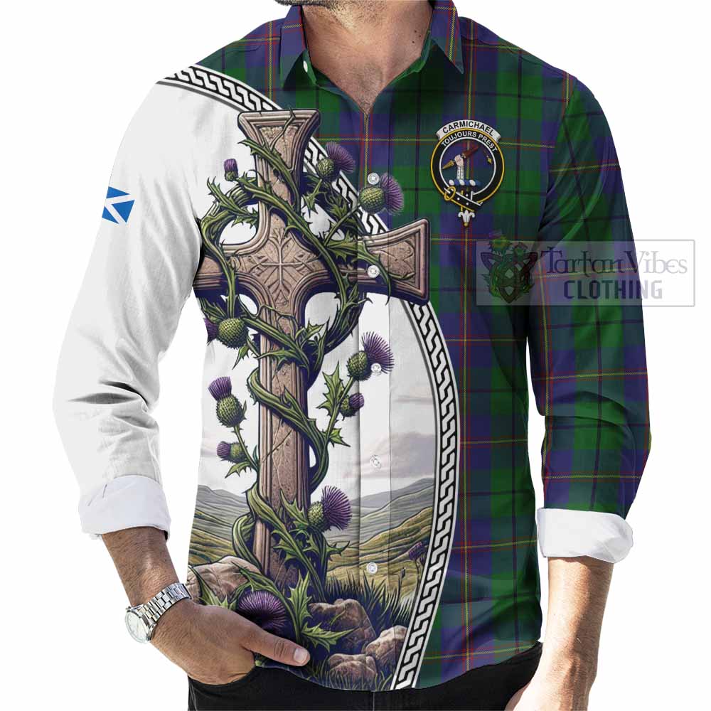 Tartan Vibes Clothing Carmichael Tartan Long Sleeve Button Shirt with Family Crest and St. Andrew's Cross Accented by Thistle Vines