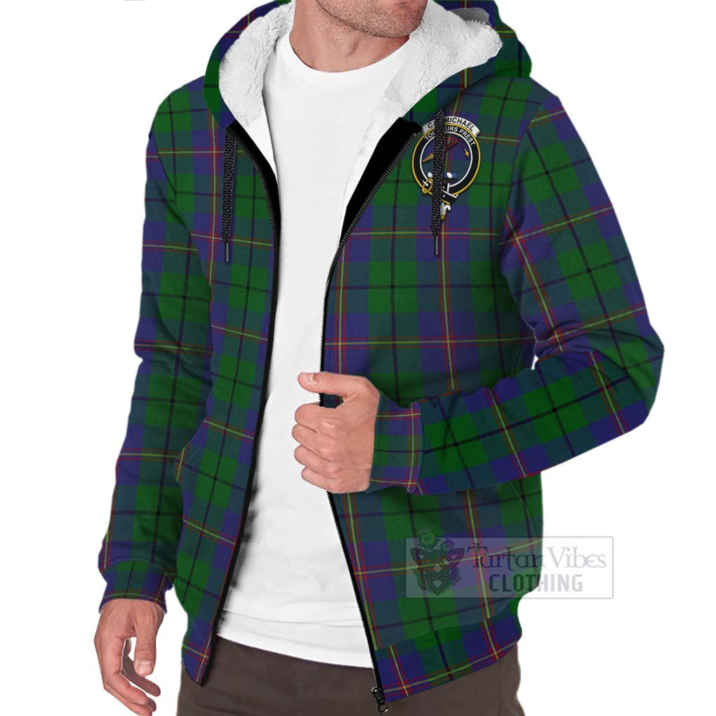 Tartan Vibes Clothing Carmichael Tartan Sherpa Hoodie with Family Crest and Bearded Skull Holding Bottles of Whiskey