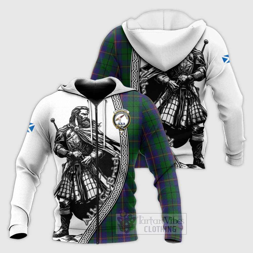 Tartan Vibes Clothing Carmichael Tartan Clan Crest Knitted Hoodie with Highlander Warrior Celtic Style