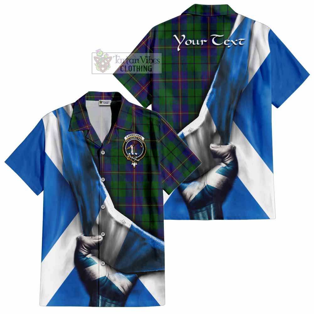 Tartan Vibes Clothing Carmichael Tartan Short Sleeve Button Shirt with Family Crest Scotland Patriotic Style